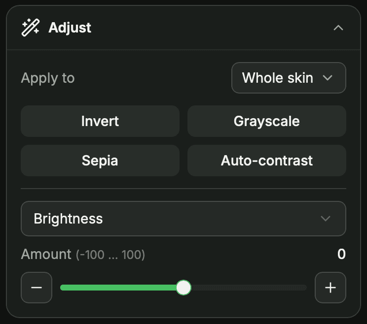Adjust panel – presets, adjustment selector with Amount slider, and the Apply-to scope
