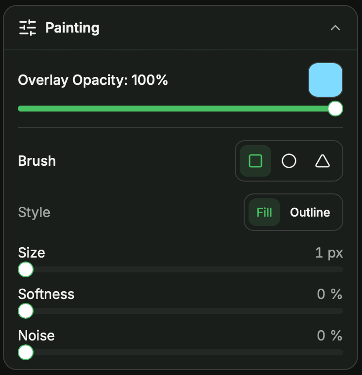 The Painting panel – Overlay Opacity plus the Brush's shape, style, size, softness and noise