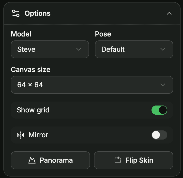 Options panel – Model, Pose, Canvas size, Show grid, Mirror, Panorama and Flip Skin