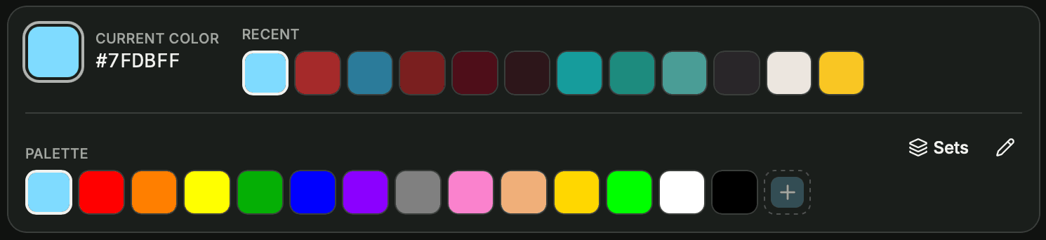 Colors panel – current colour, Recent row, Palette swatches and the Sets menu
